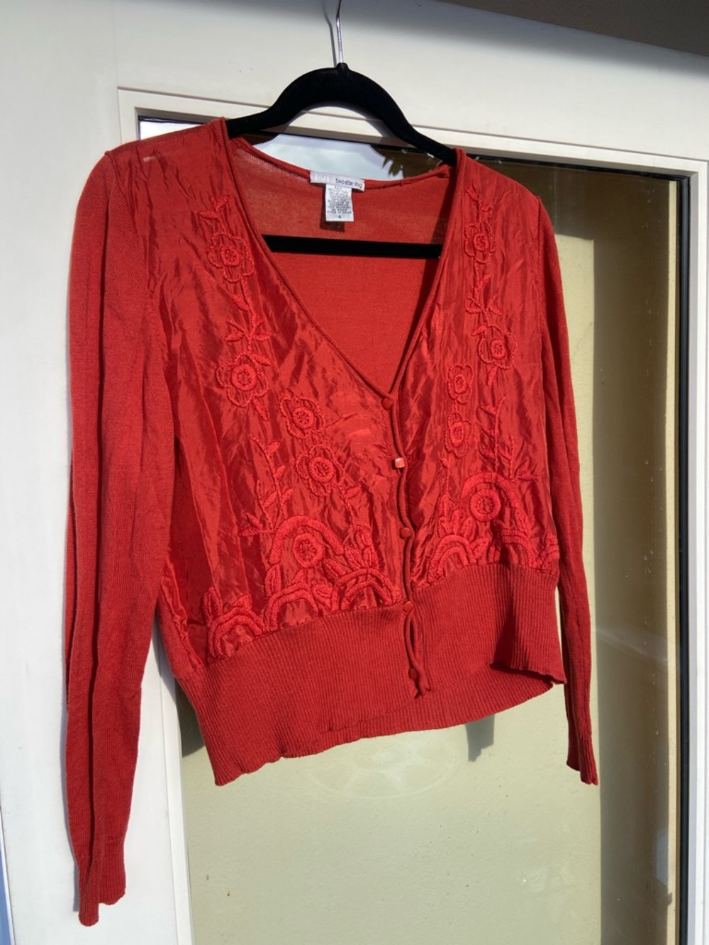 Rich Dark Orange Floral Embroidered V-Neck Women's Sweater
